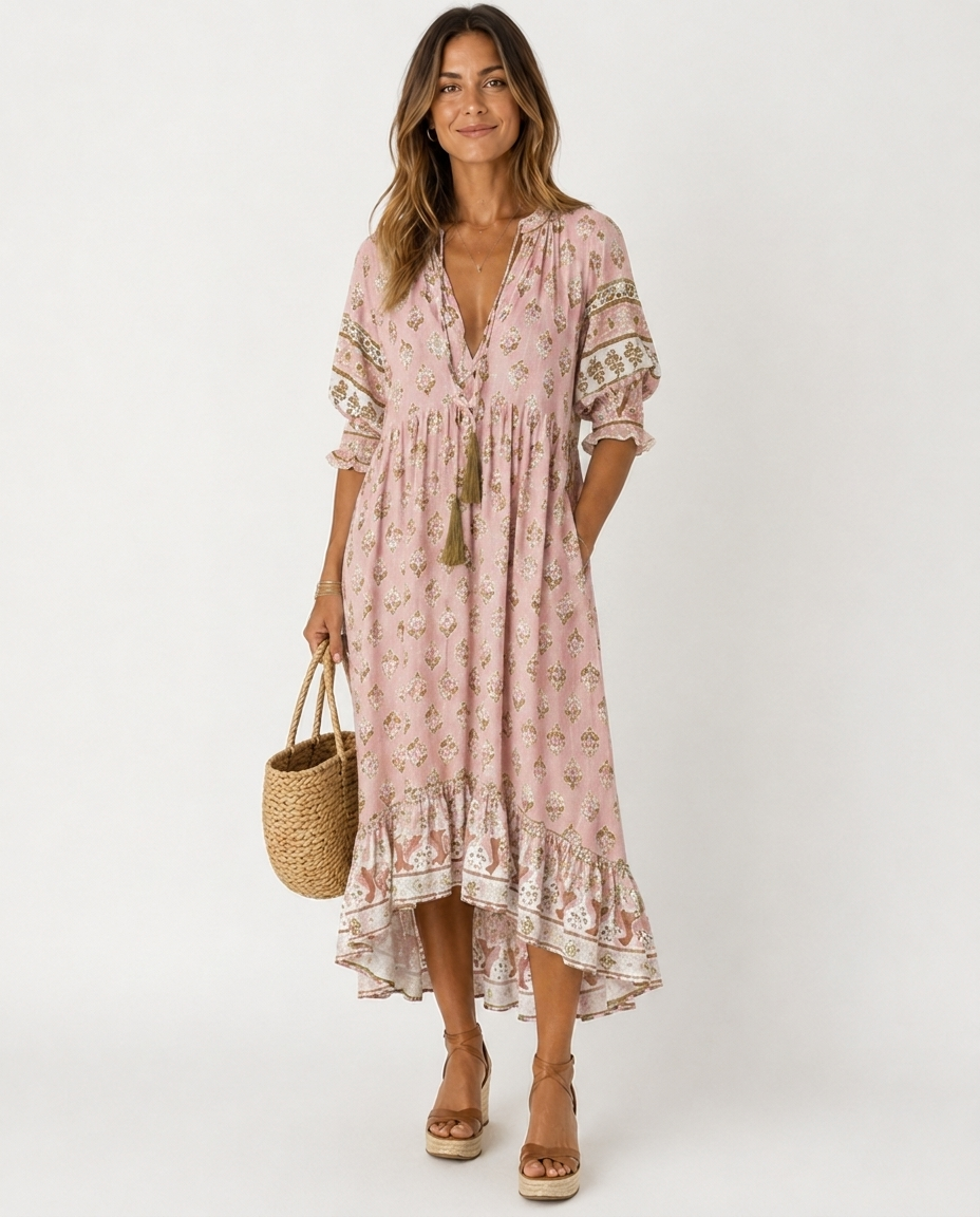 Robe Fleurie à Col en V – Coupe Fluide Taille Cintrée Pour le Quotidien