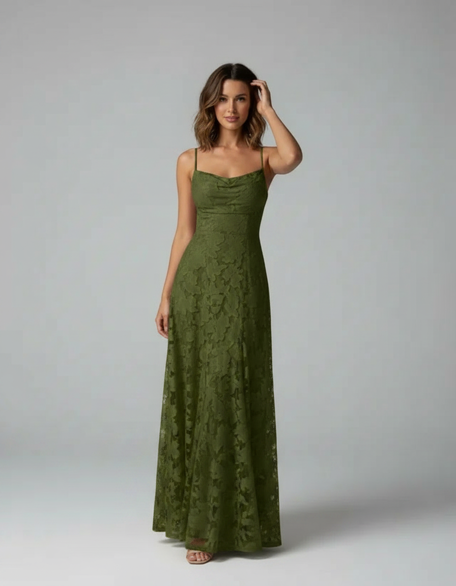Robe Longue en Dentelle Col Carré - Élégante Silhouette Raffinée