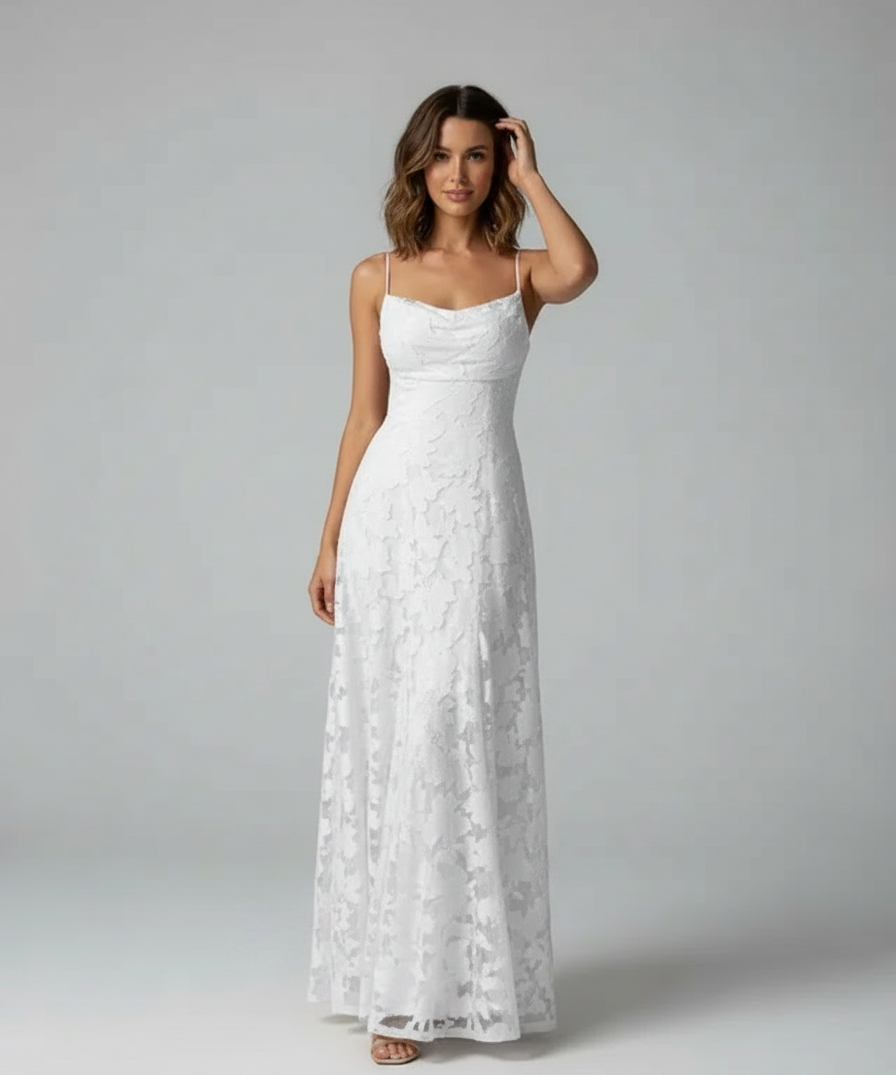 Robe Longue en Dentelle Col Carré - Élégante Silhouette Raffinée