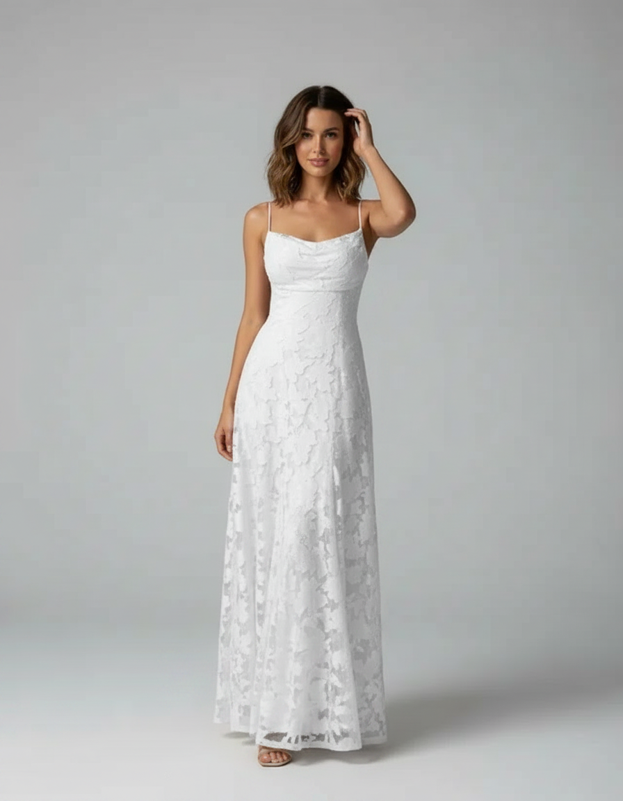 Robe Longue en Dentelle Col Carré - Élégante Silhouette Raffinée