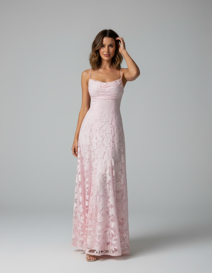 Robe Longue en Dentelle Col Carré - Élégante Silhouette Raffinée