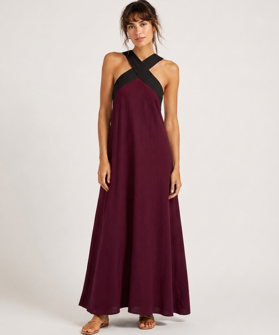Robe Maxi Croisée – Décolleté Drapé Coupe Fluide Pour Vacances et Quotidien