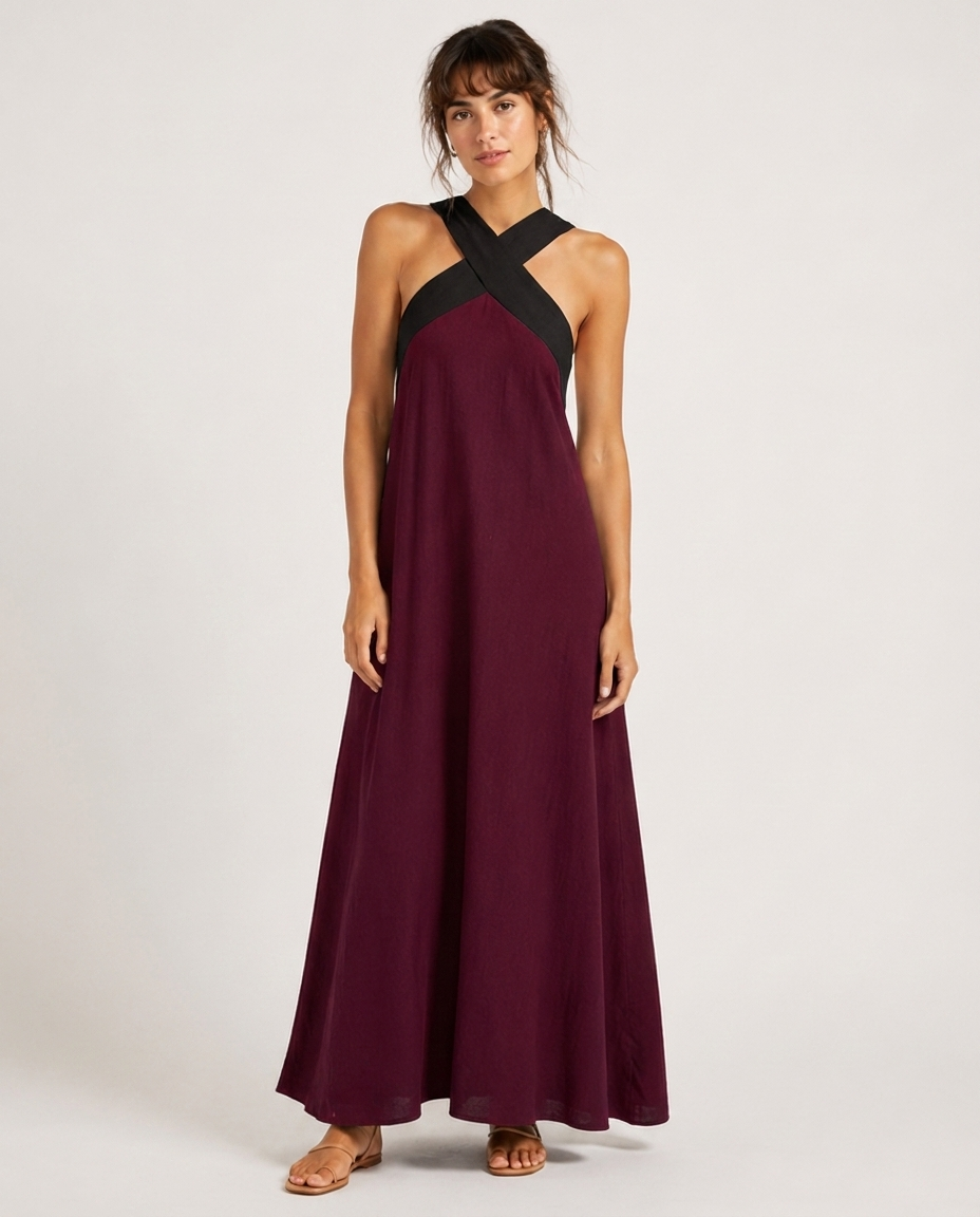 Robe Maxi Croisée – Décolleté Drapé Coupe Fluide Pour Vacances et Quotidien