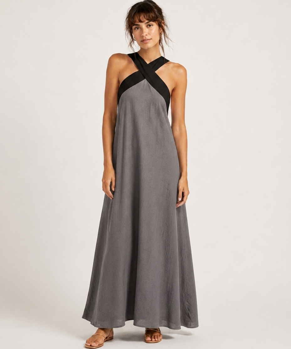 Robe Maxi Croisée – Décolleté Drapé Coupe Fluide Pour Vacances et Quotidien