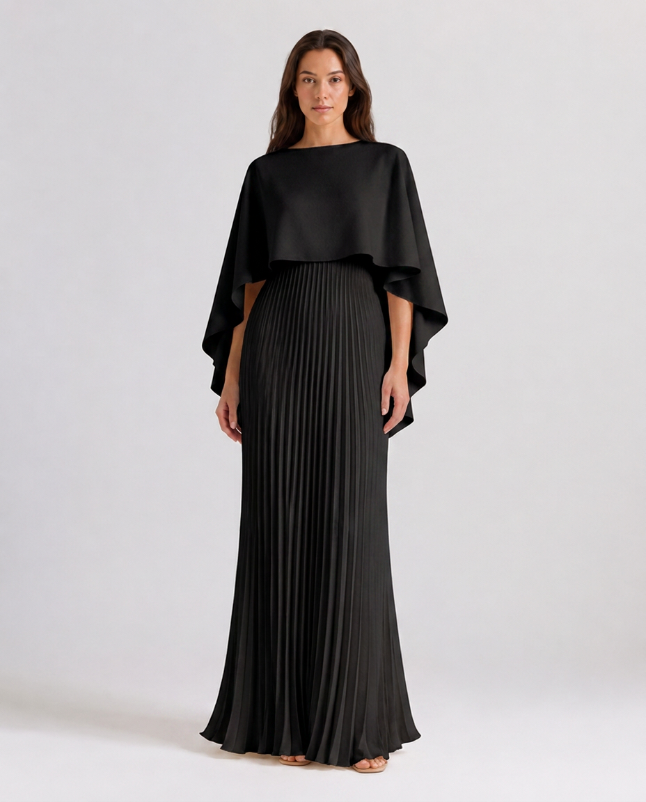 Robe Maxi Plissée à Col Haut en Tissu Léger – Coupe fluide, détail plissé, pour occasions