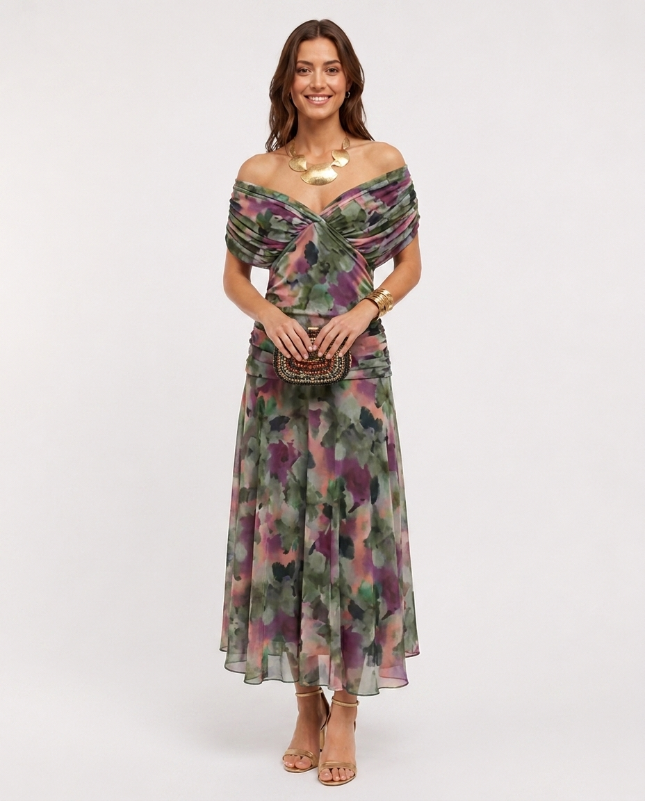 Robe Maxi à Col en V – Coupe Fluide, Taille Structurée Pour Soirée