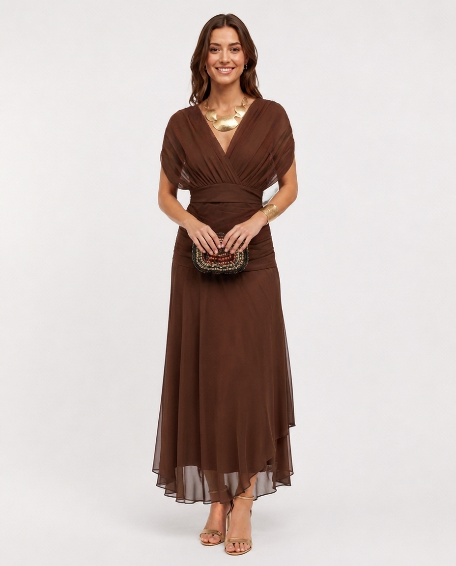 Robe Maxi à Col en V – Coupe Fluide, Taille Structurée Pour Soirée