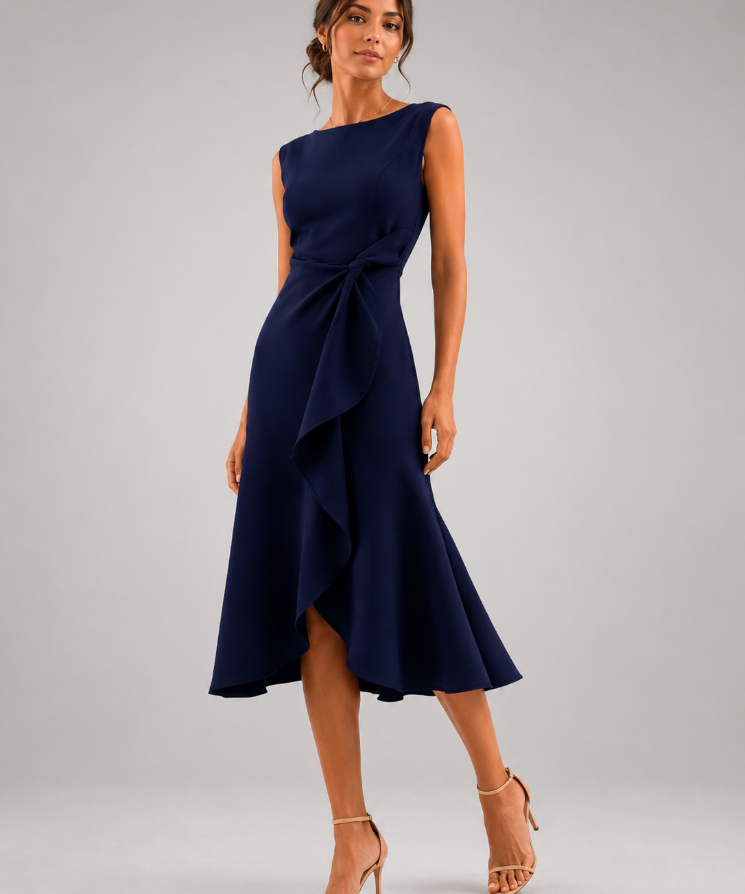 Robe Midi Ajustée – Drapé Latéral, Coupe Sans Manches, Pour Dîner et Événement