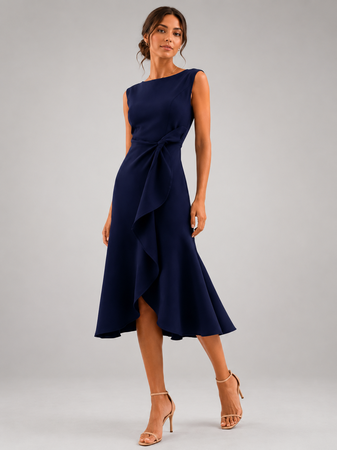 Robe Midi Ajustée – Drapé Latéral, Coupe Sans Manches, Pour Dîner et Événement