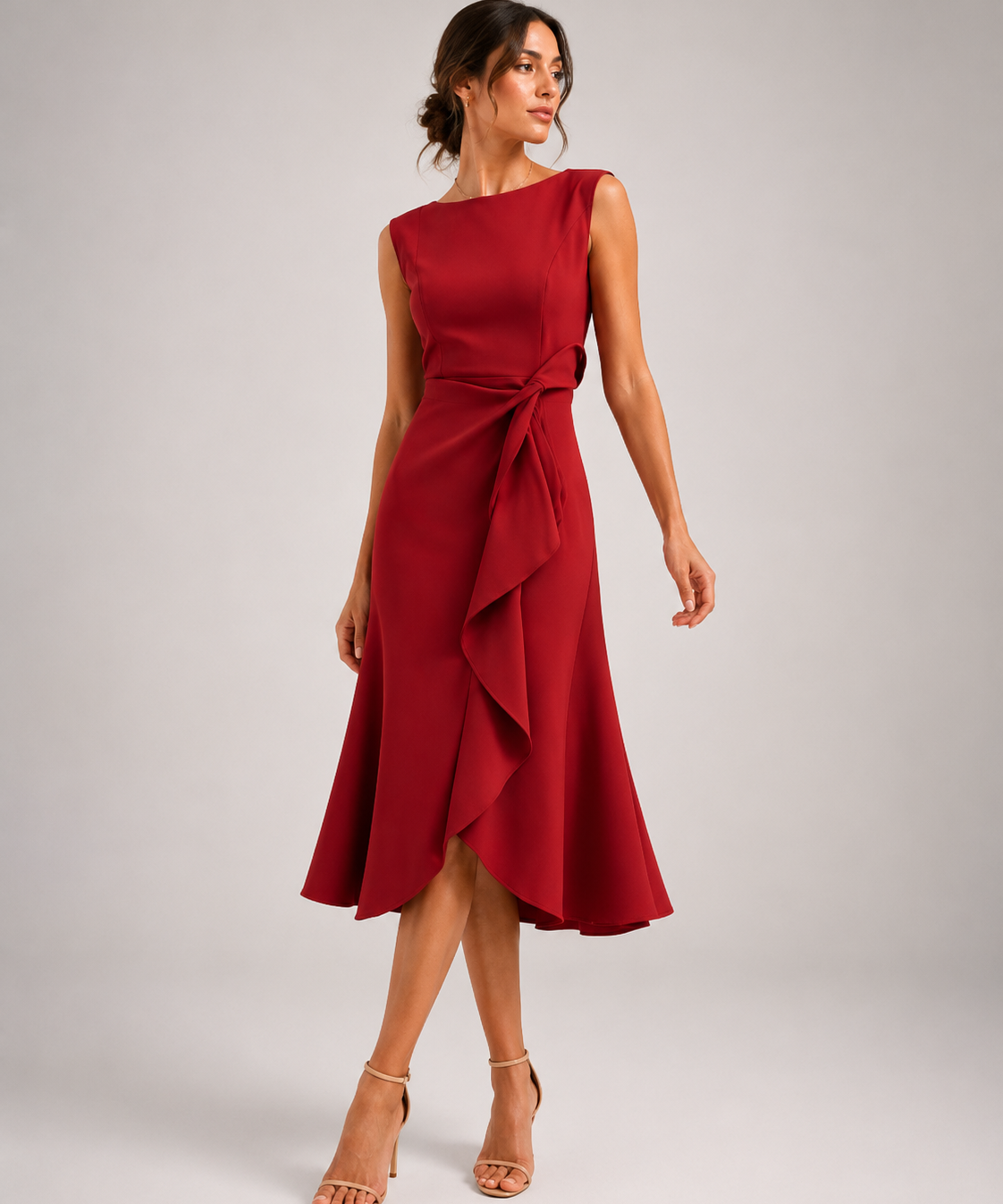 Robe Midi Ajustée – Drapé Latéral, Coupe Sans Manches, Pour Dîner et Événement