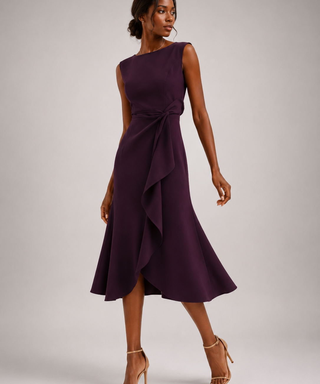 Robe Midi Ajustée – Drapé Latéral, Coupe Sans Manches, Pour Dîner et Événement