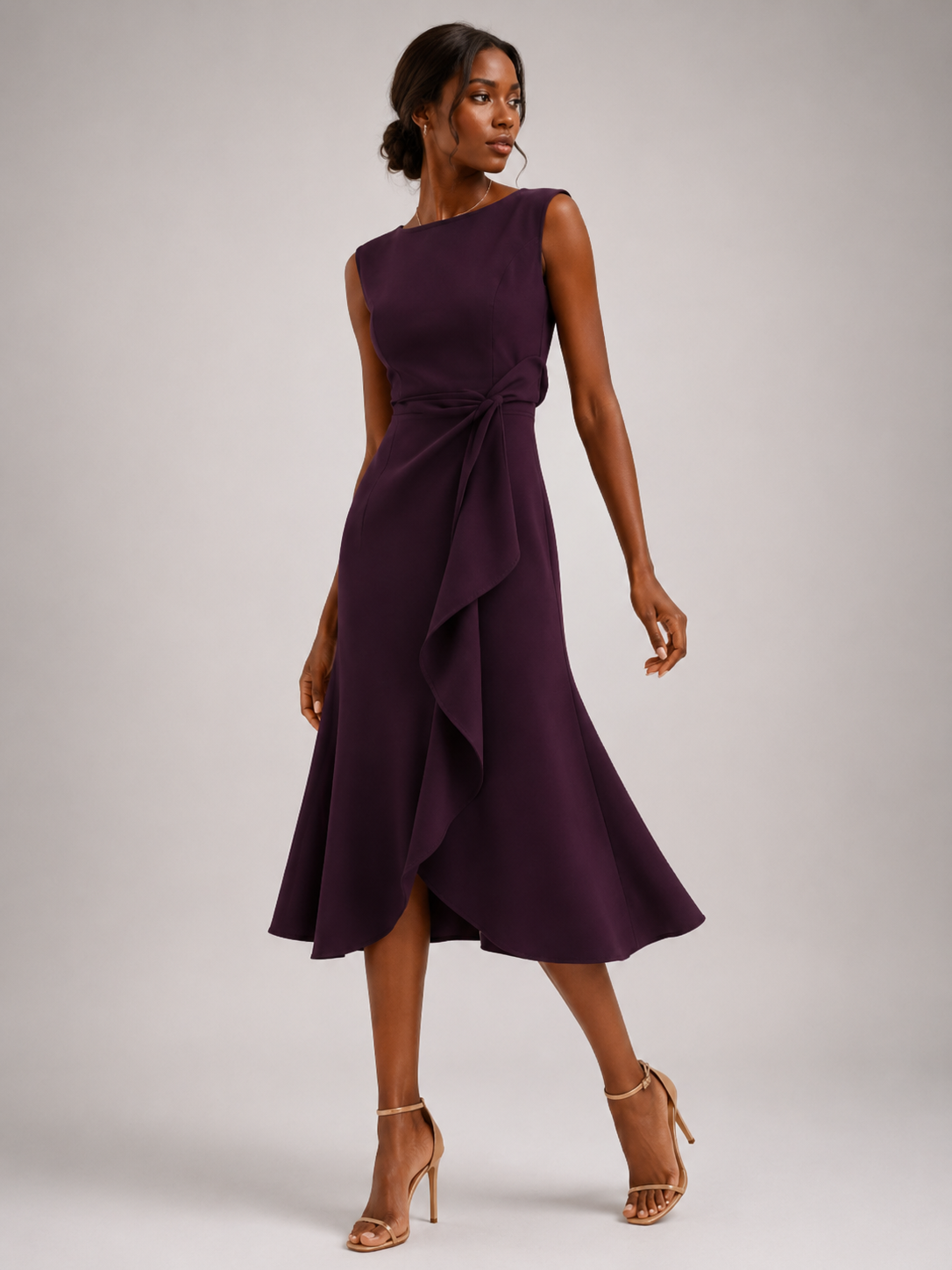 Robe Midi Ajustée – Drapé Latéral, Coupe Sans Manches, Pour Dîner et Événement
