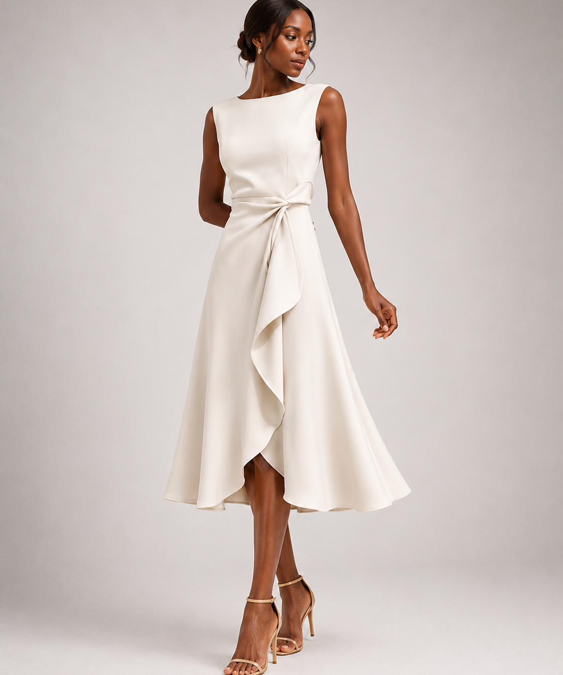 Robe Midi Ajustée – Drapé Latéral, Coupe Sans Manches, Pour Dîner et Événement