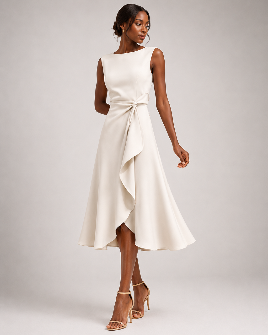 Robe Midi Ajustée – Drapé Latéral, Coupe Sans Manches, Pour Dîner et Événement