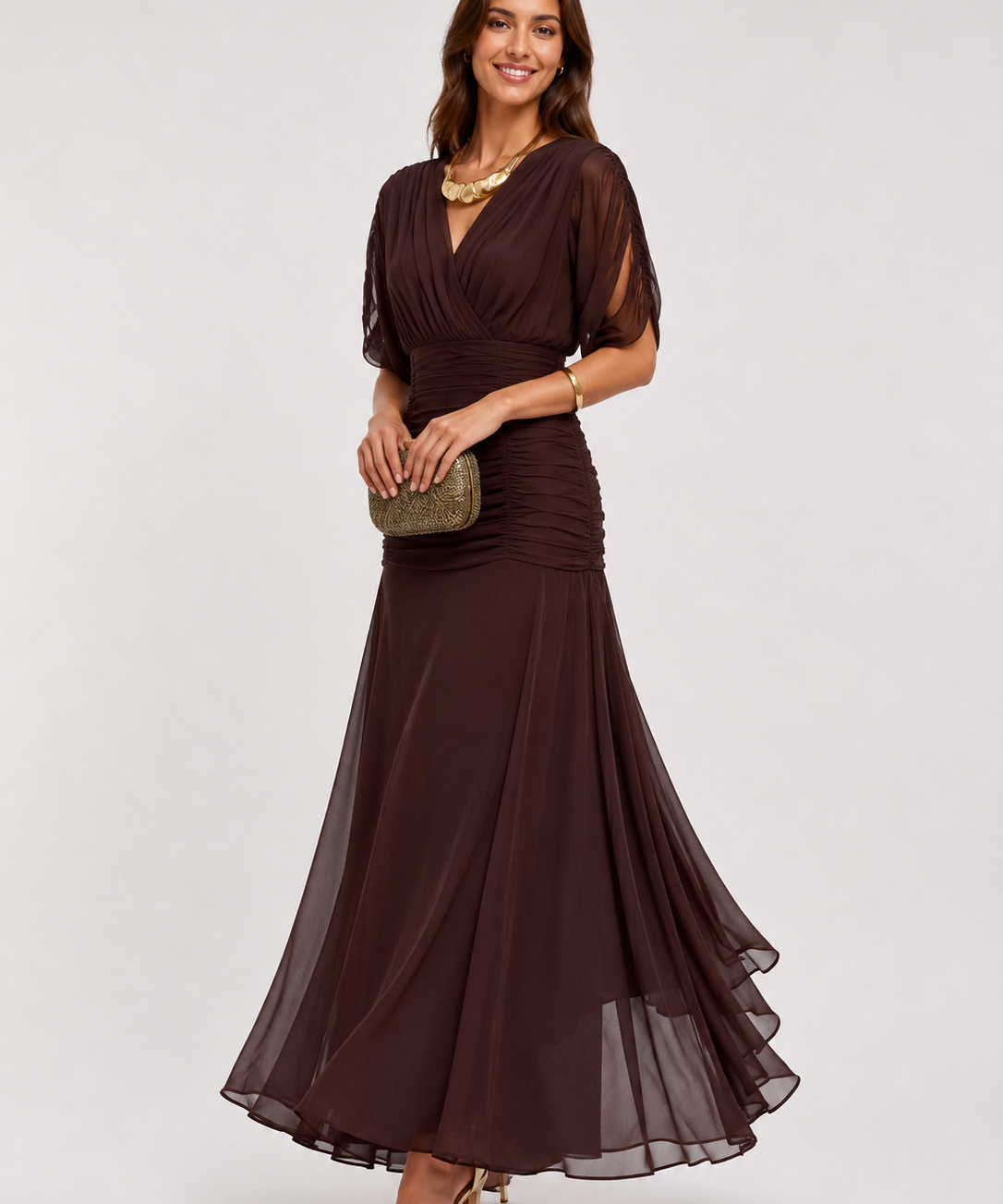 Robe Maxi à Col en V – Coupe Fluide, Taille Structurée Pour Soirée