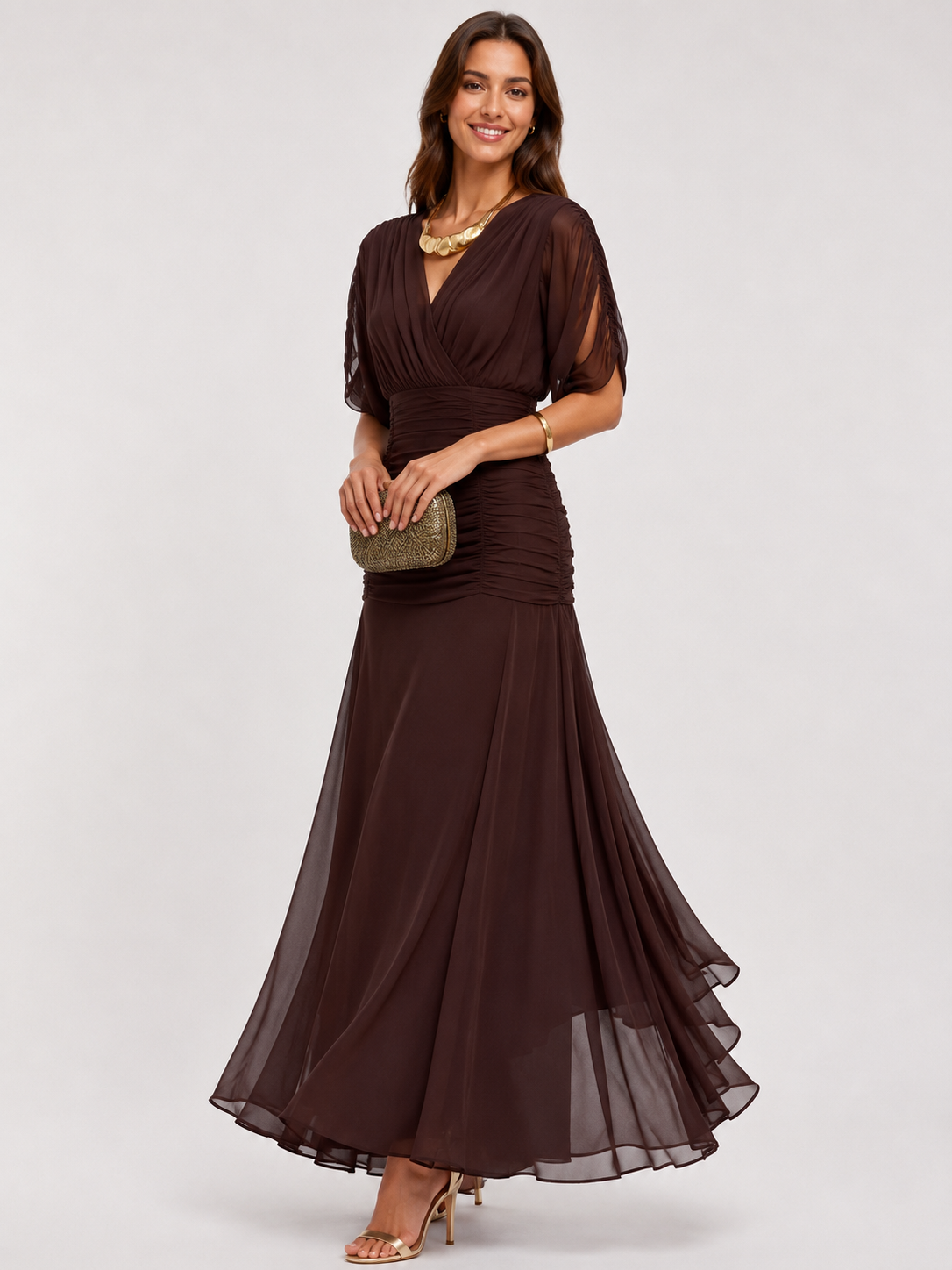 Robe Maxi à Col en V – Coupe Fluide, Taille Structurée Pour Soirée