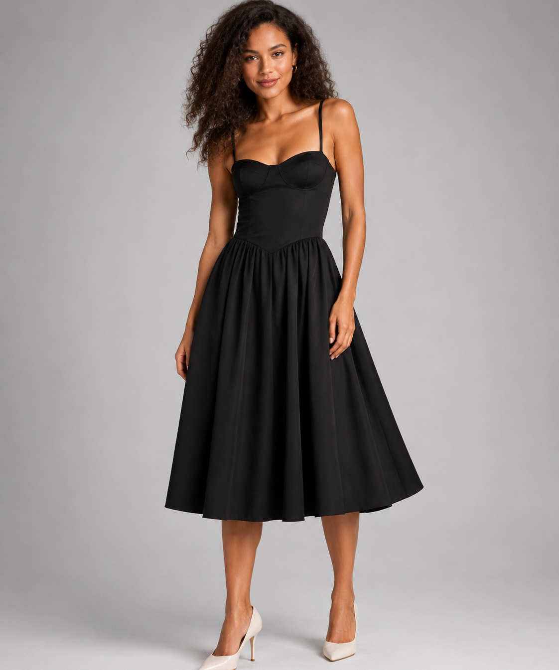 Robe midi femme – Corset, décolleté cœur, coupe fleurie, tenue d'invitée