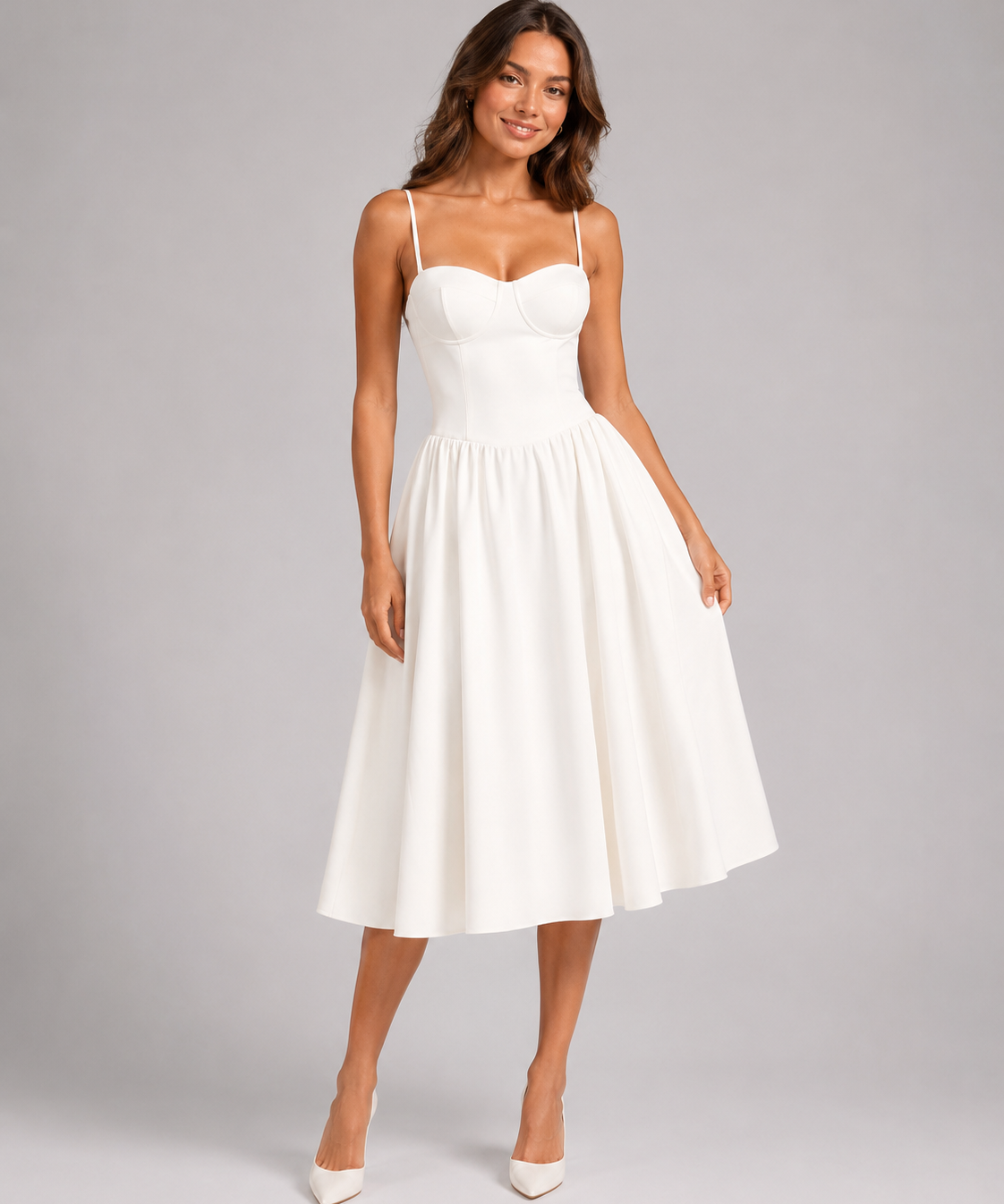 Robe midi femme – Corset, décolleté cœur, coupe fleurie, tenue d'invitée