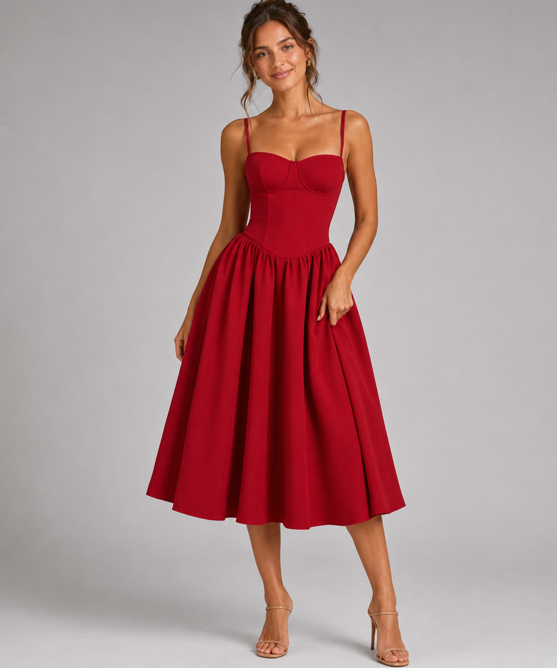 Robe midi femme – Corset, décolleté cœur, coupe fleurie, tenue d'invitée