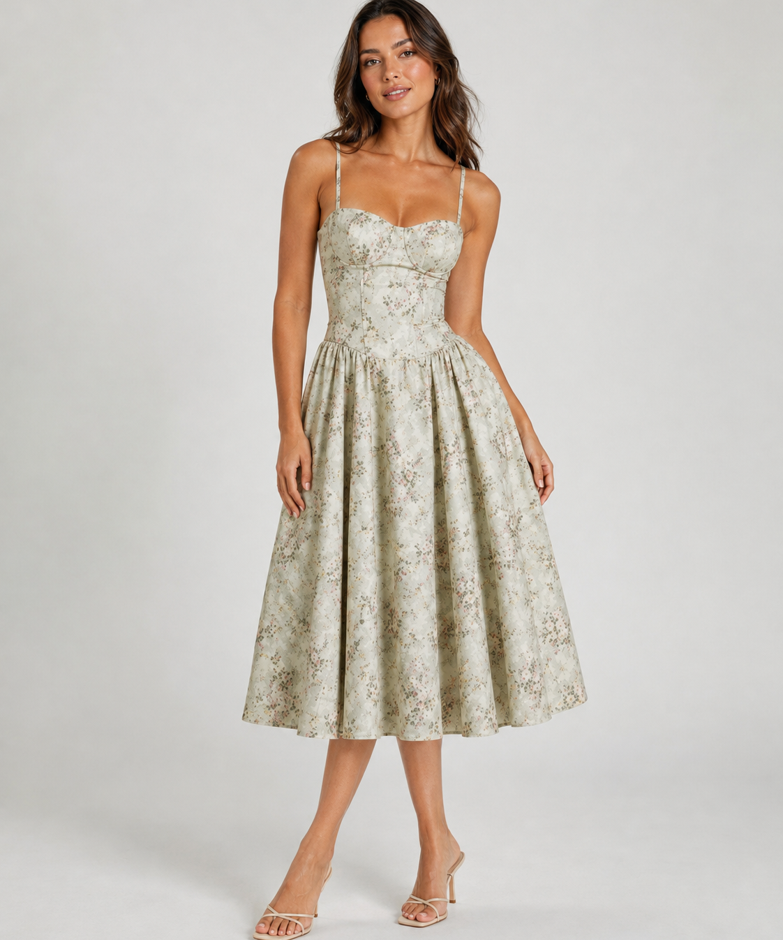 Robe midi femme – Corset, décolleté cœur, coupe fleurie, tenue d'invitée