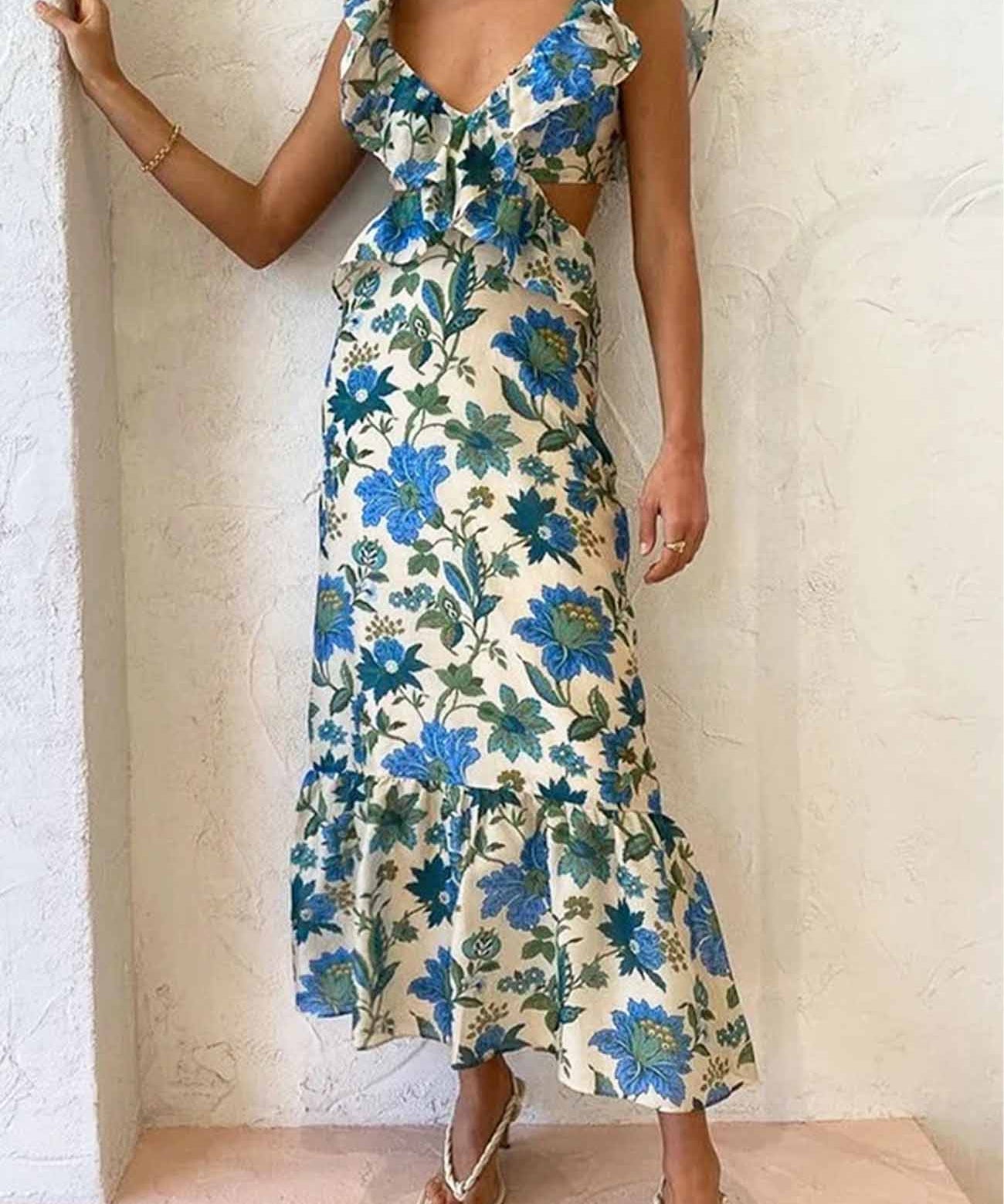 Robe Maxi Col V - Silhouette Fluide à Bretelles Élégantes