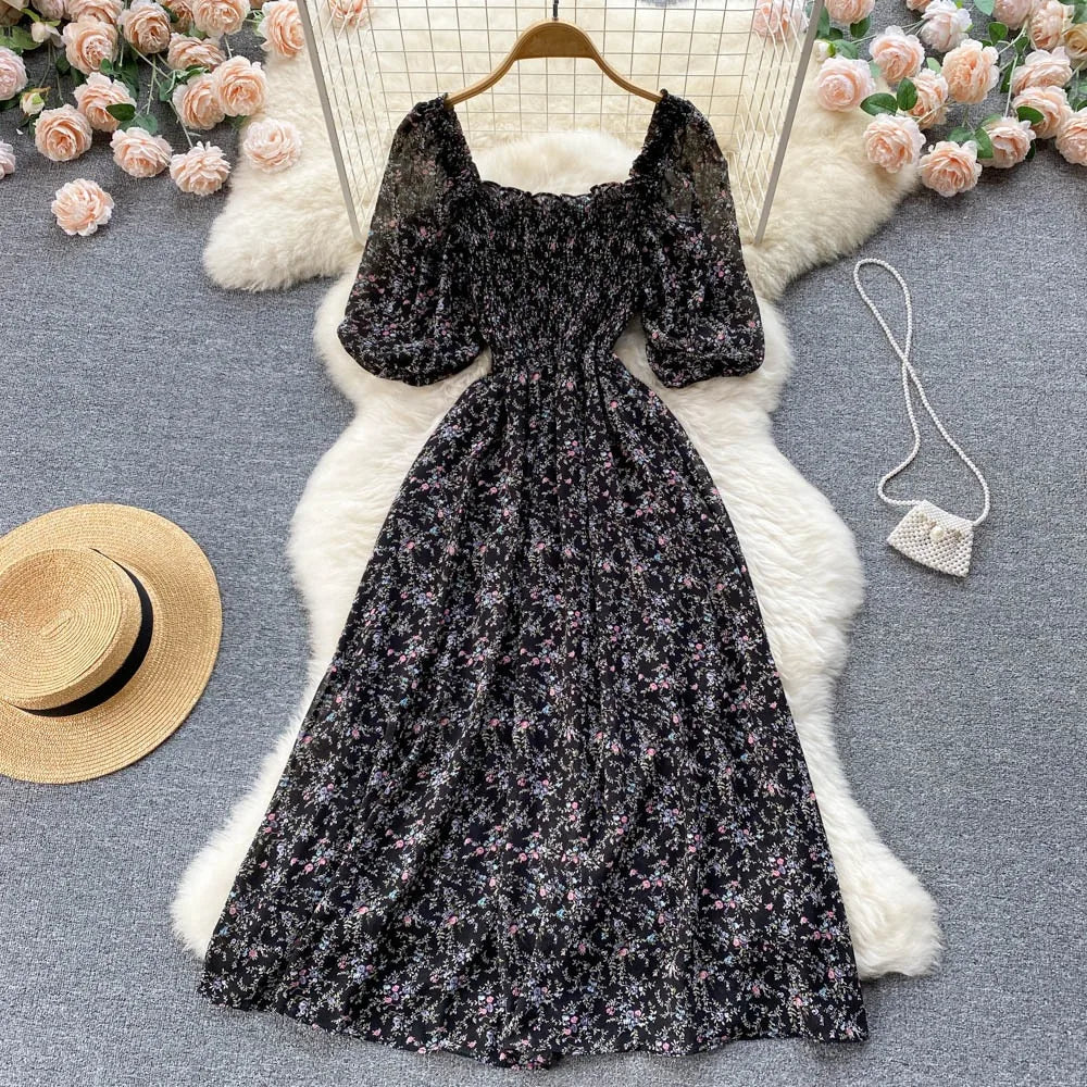 Robe de fête en chiffon floral à manches bouffantes