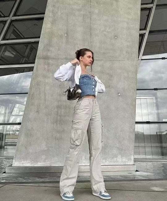Pantalon Cargo Femme Taille Haute à Poches