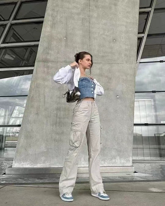 Pantalon Cargo Femme Taille Haute à Poches