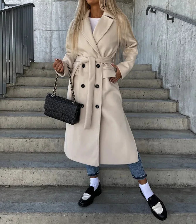 Manteau Long Féminin à Col Revers & Boutonnage Élégant