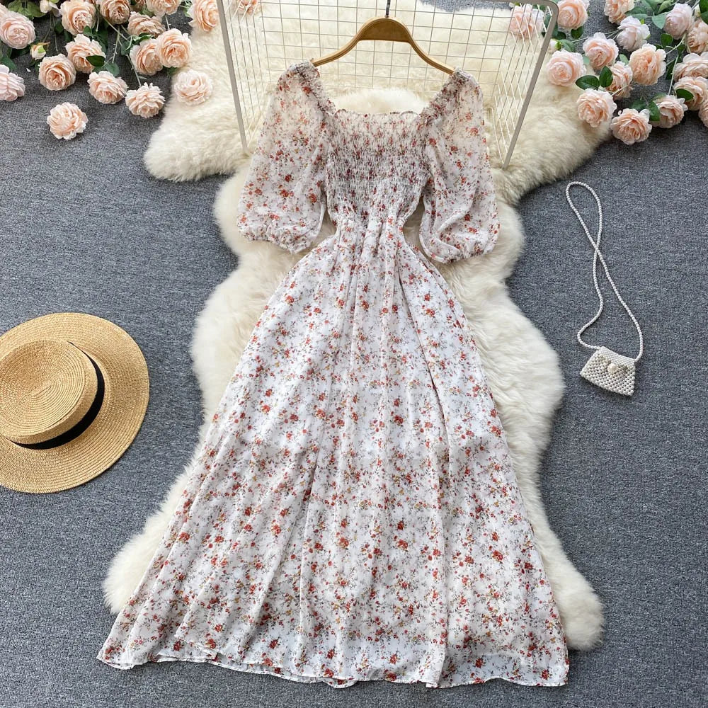 Robe de fête en chiffon floral à manches bouffantes