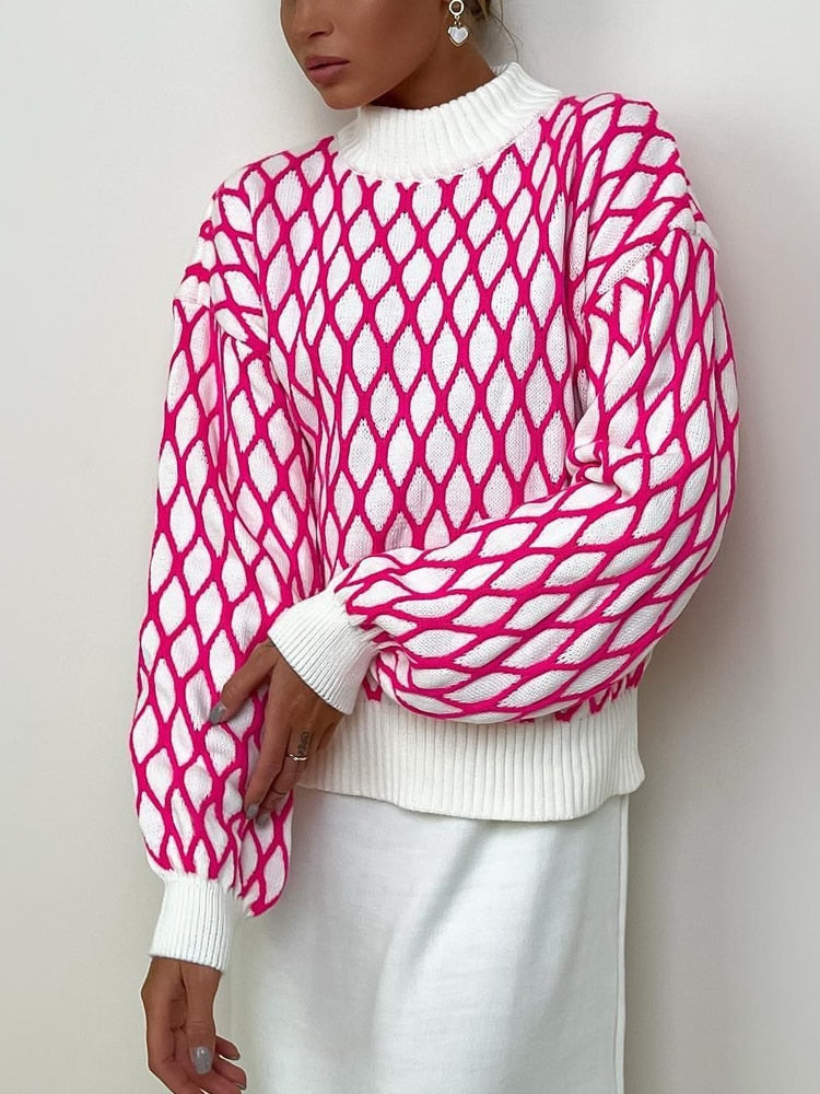 Pull à col roulé à carreaux pour femmes