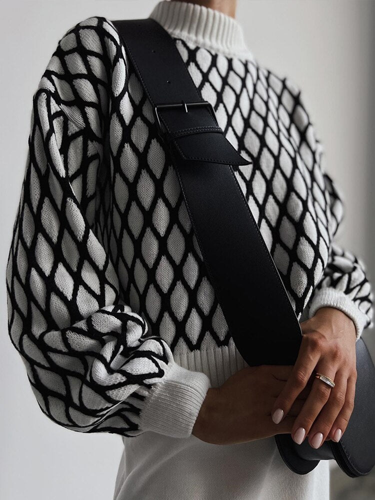 Pull à col roulé à carreaux pour femmes