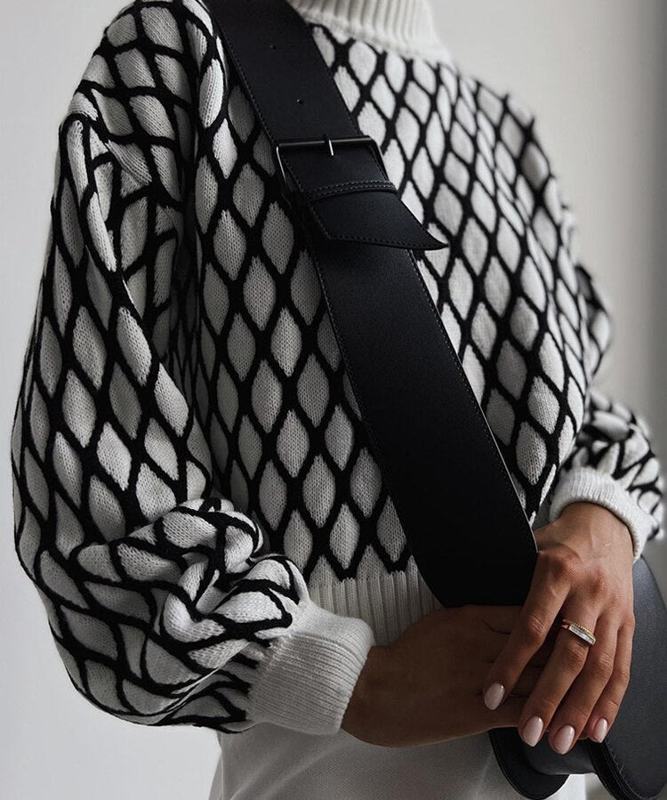 Pull à col roulé à carreaux pour femmes