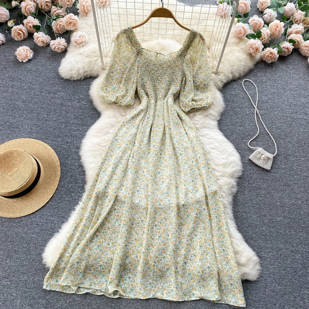 Robe de fête en chiffon floral à manches bouffantes
