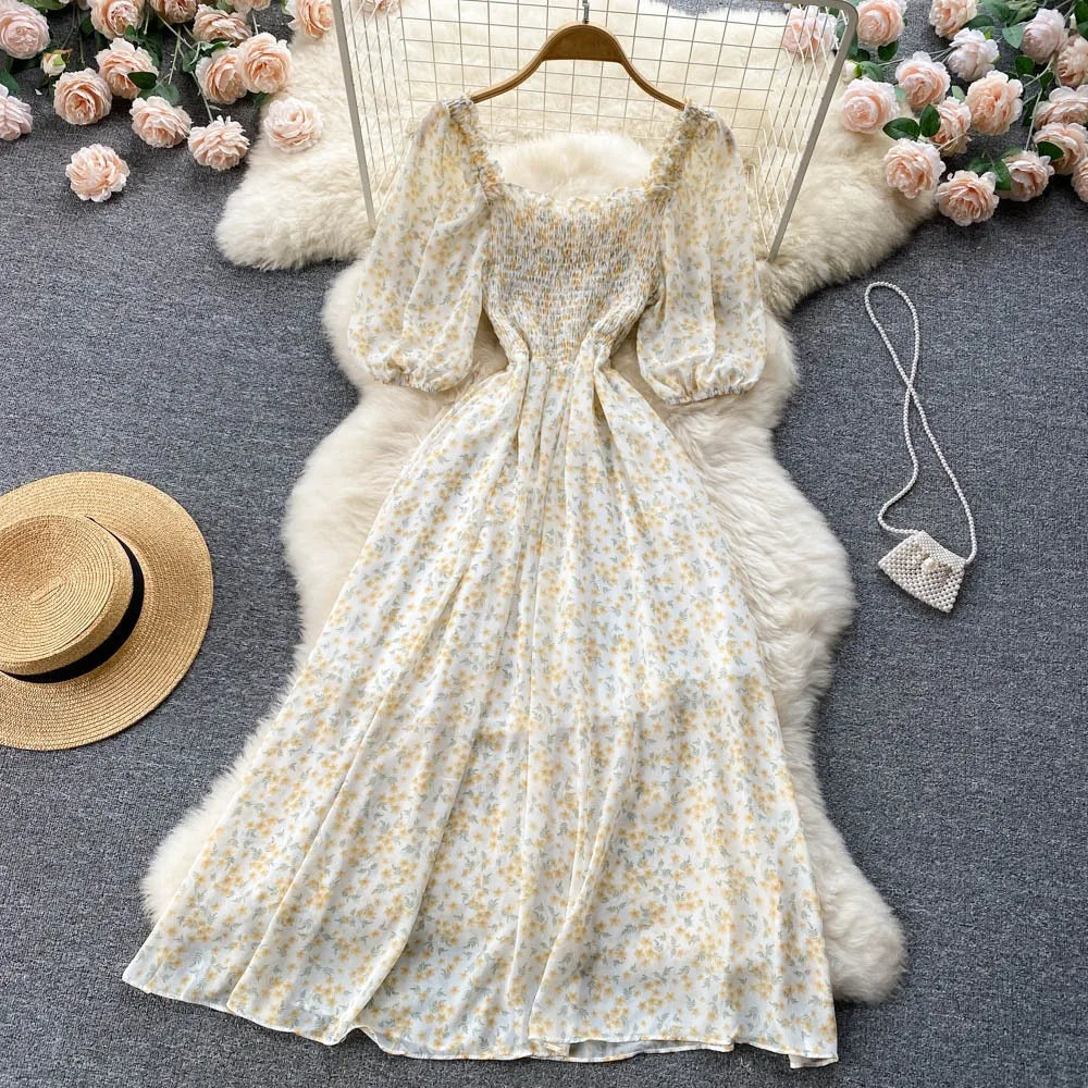 Robe de fête en chiffon floral à manches bouffantes
