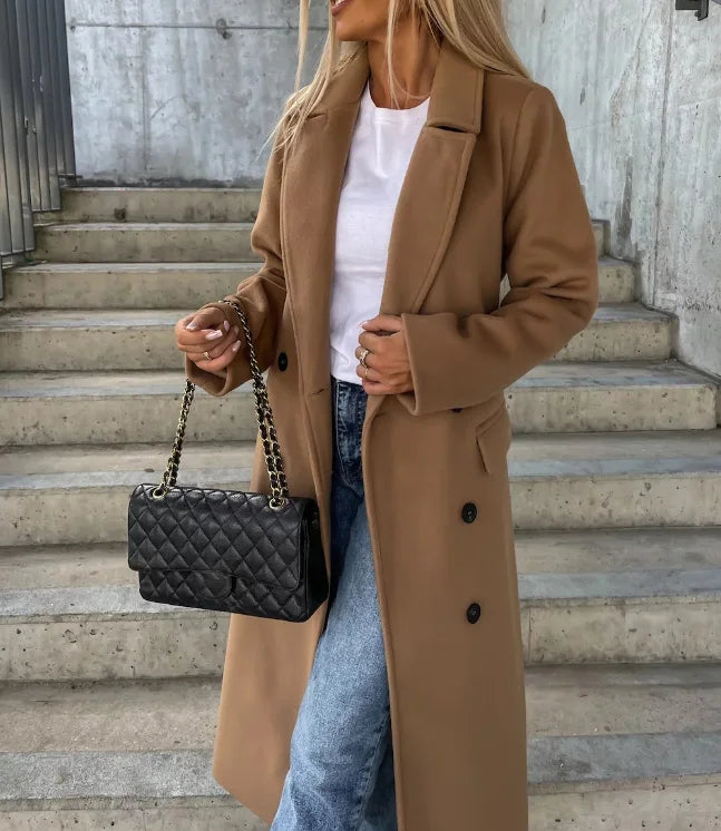 Manteau Long Féminin à Col Revers & Boutonnage Élégant