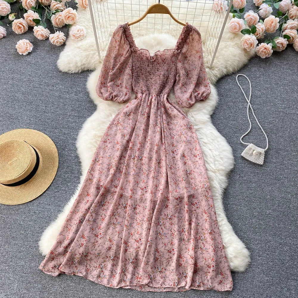 Robe de fête en chiffon floral à manches bouffantes