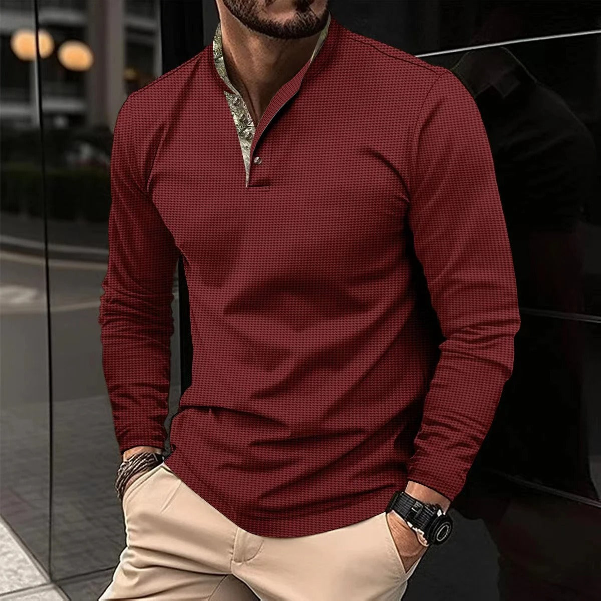 Chemise Henley homme à manches longues col montant