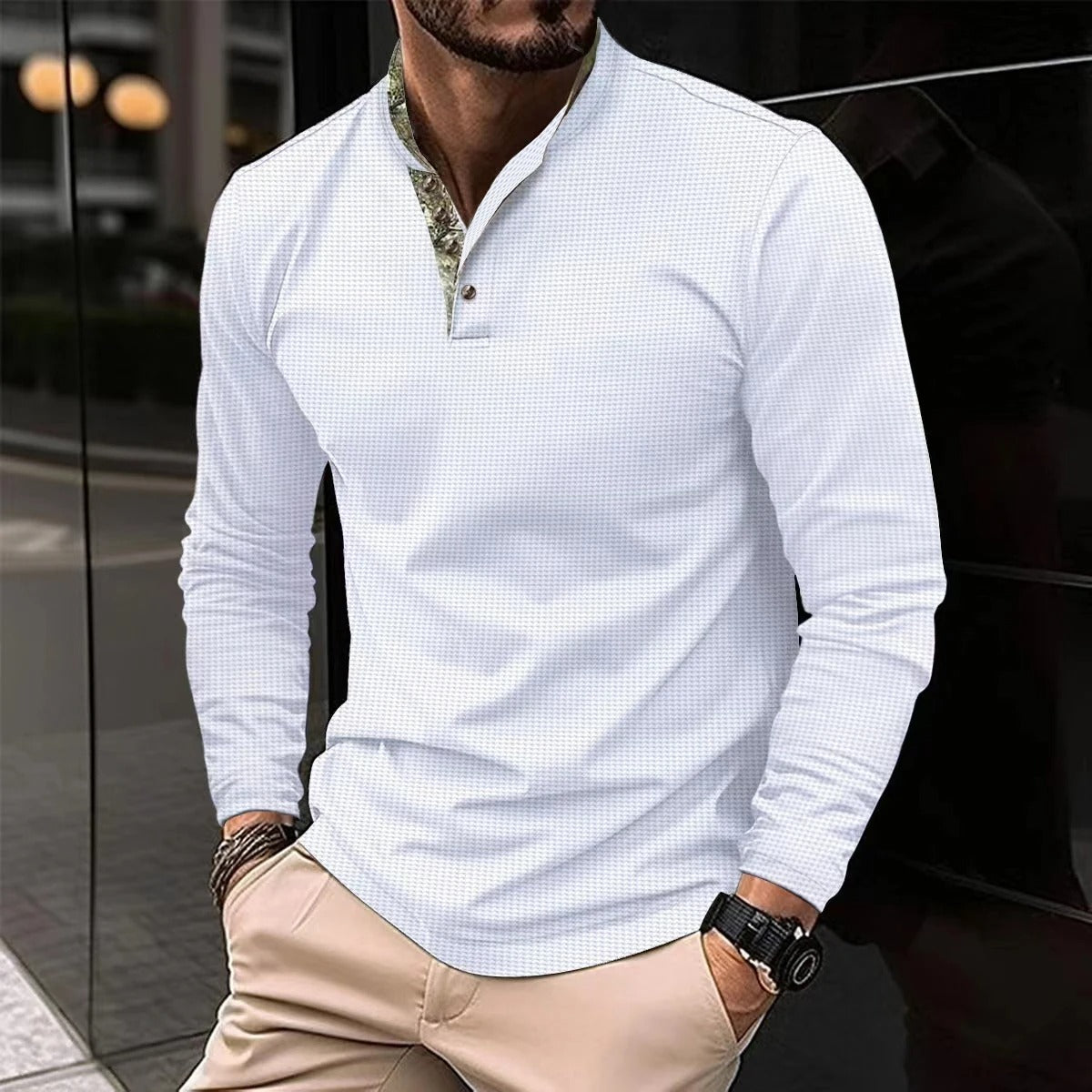 Chemise Henley homme à manches longues col montant