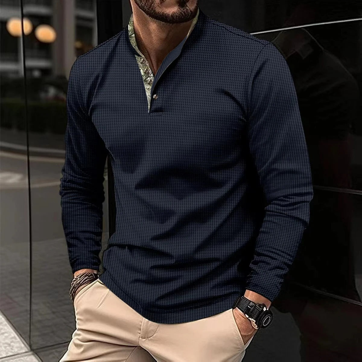 Chemise Henley homme à manches longues col montant
