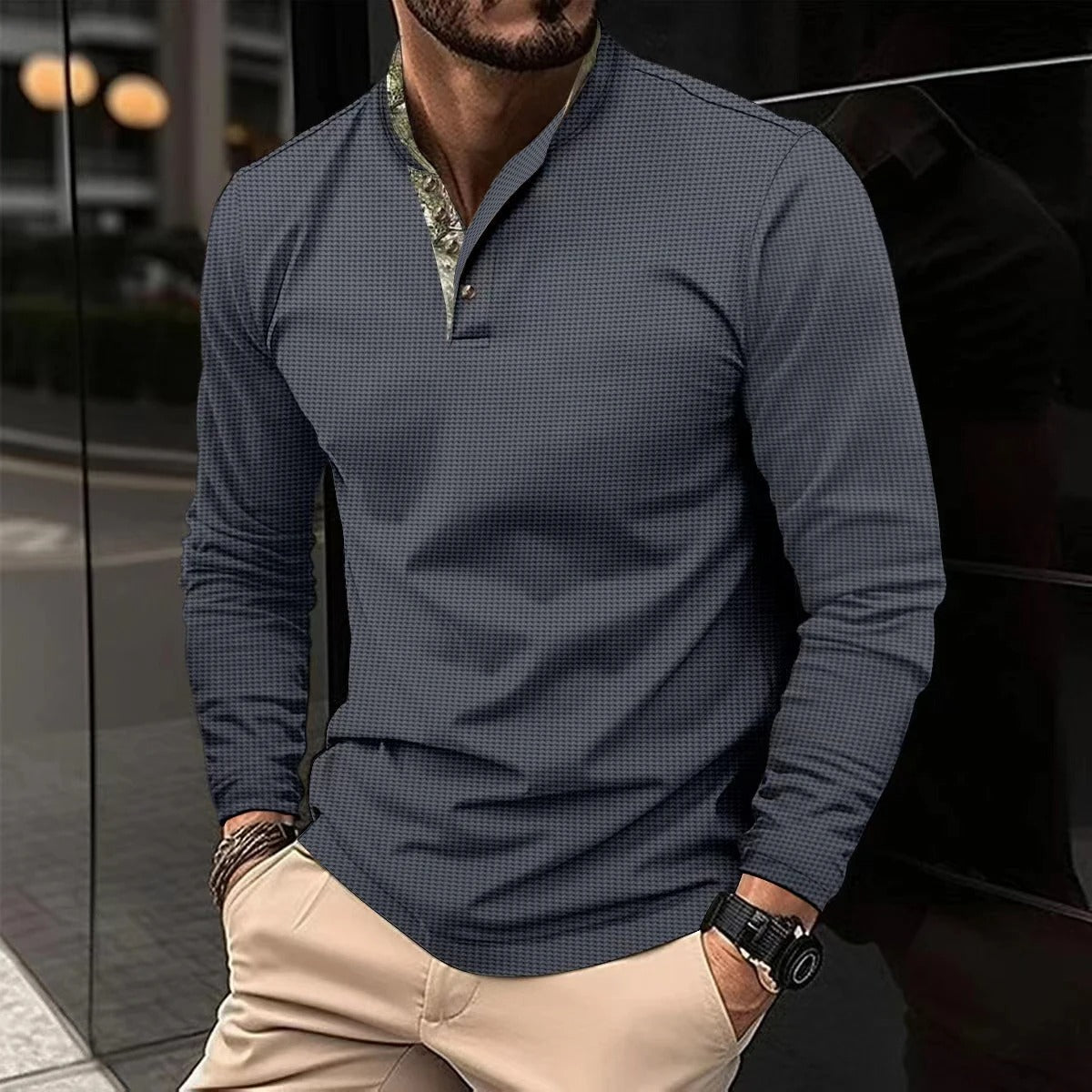 Chemise Henley homme à manches longues col montant