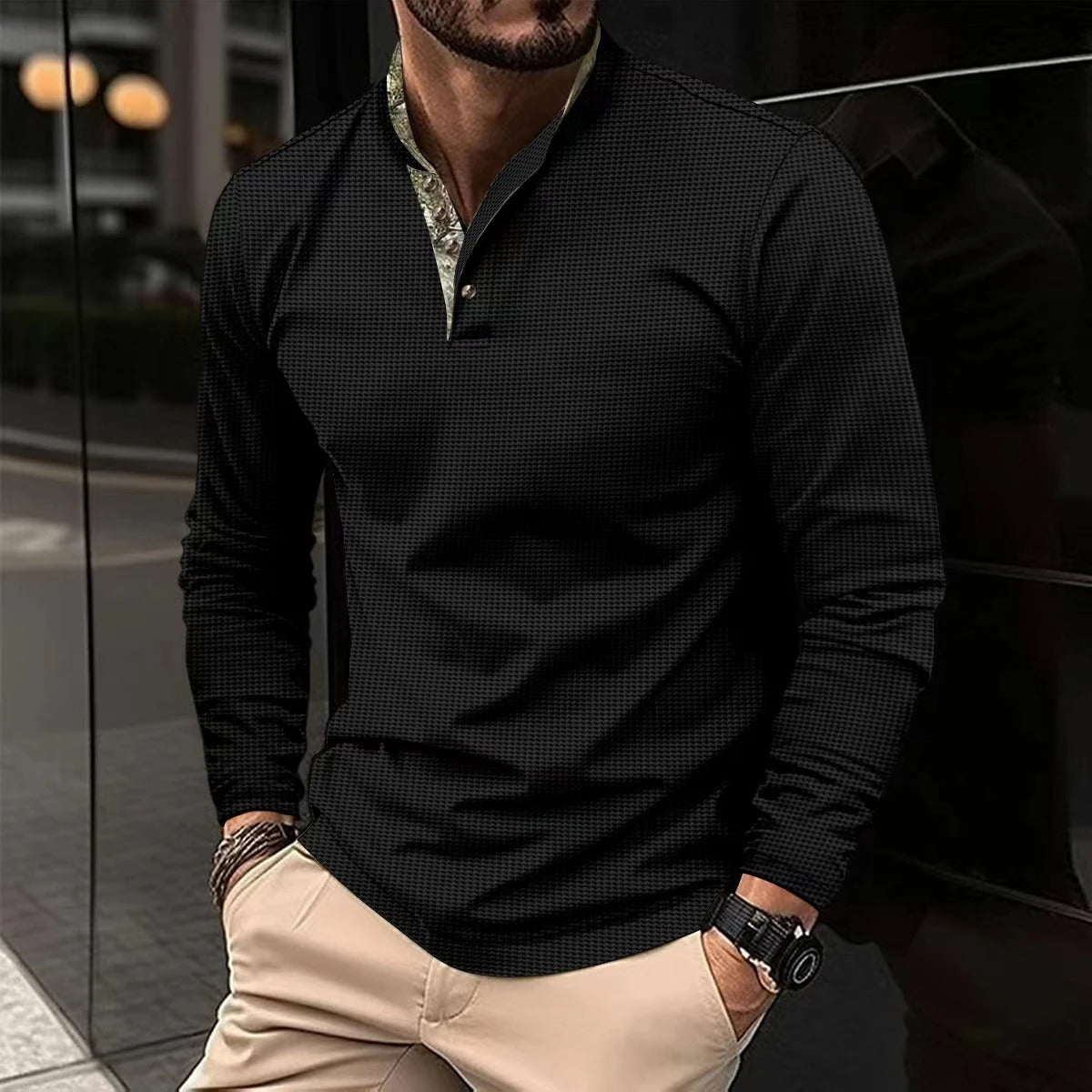 Chemise Henley homme à manches longues col montant