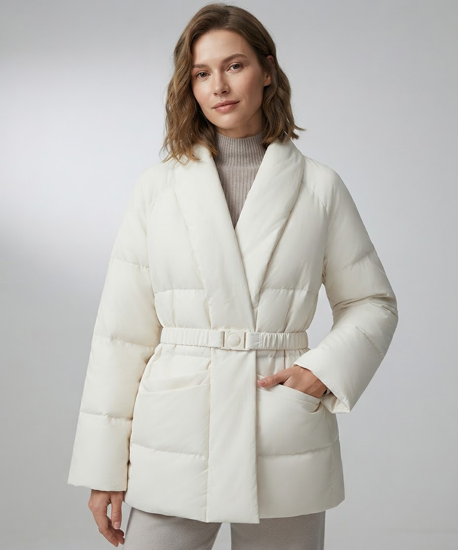 Veste Femme en Duvet de Canard – Coupe Ample, Col en V, Avec Ceinture, Hiver