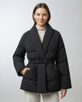 Veste Femme en Duvet de Canard – Coupe Ample, Col en V, Avec Ceinture, Hiver