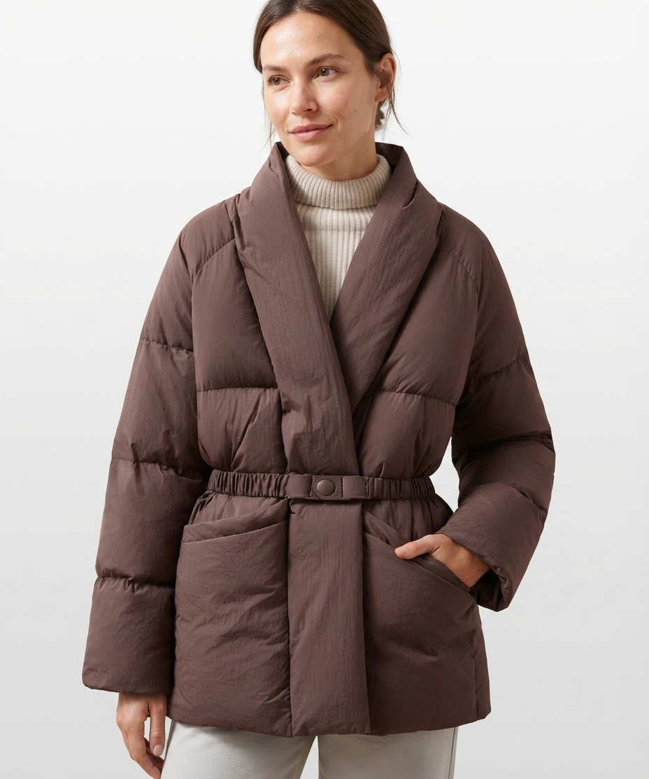 Veste Femme en Duvet de Canard – Coupe Ample, Col en V, Avec Ceinture, Hiver