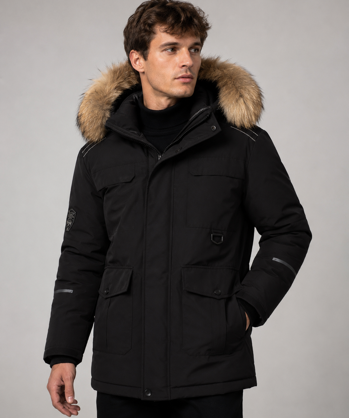 Veste Homme Courte en Duvet – Col en Fourrure, Coupe Épaisse, Style Hivernal