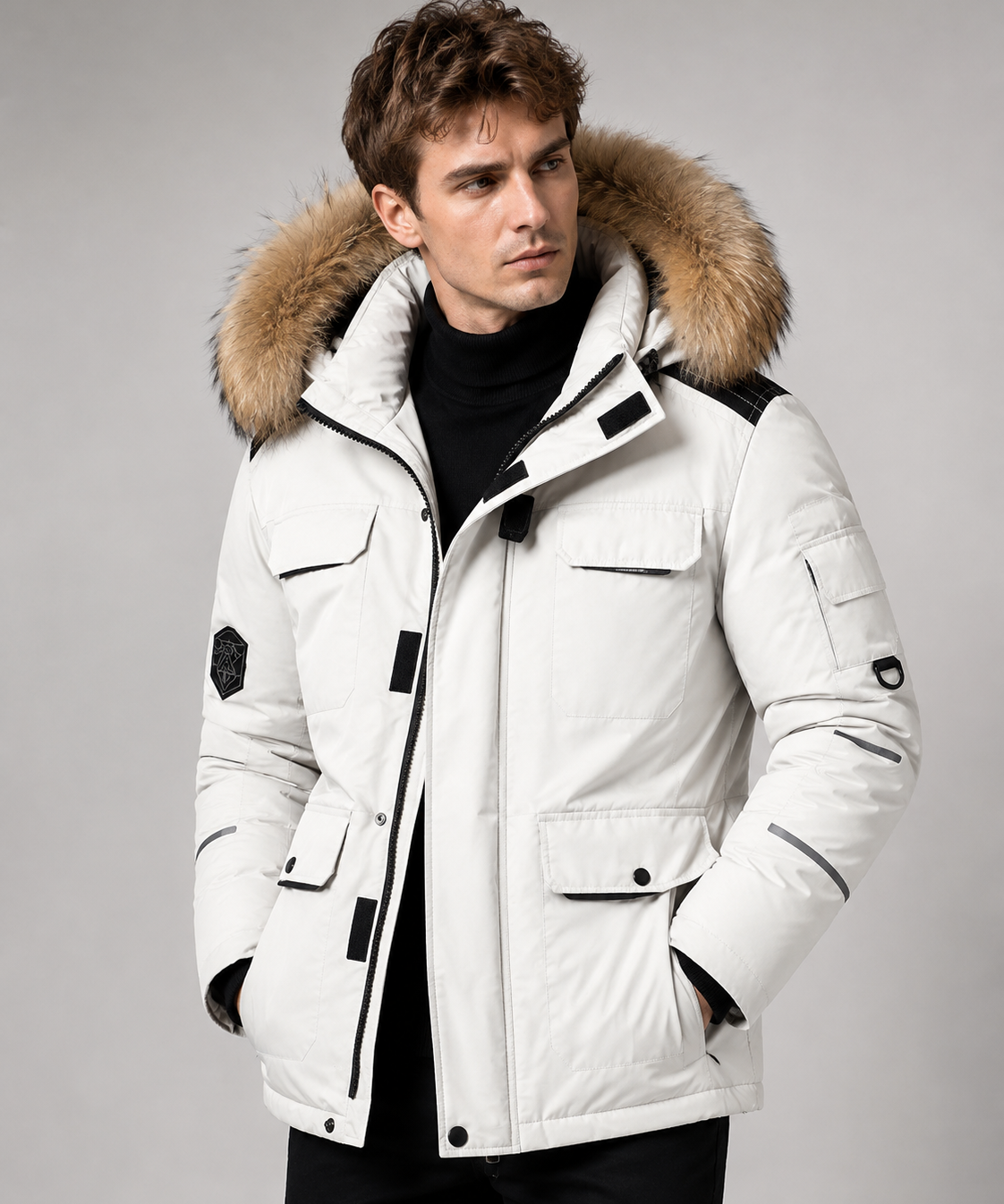 Veste Homme Courte en Duvet – Col en Fourrure, Coupe Épaisse, Style Hivernal
