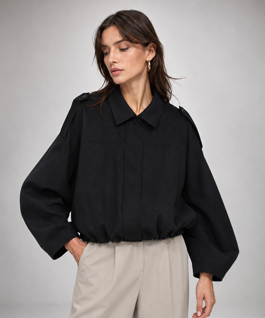 Veste Pilote Femme en Daim – Col Structuré, Fermeture Éclair, Style Décontracté