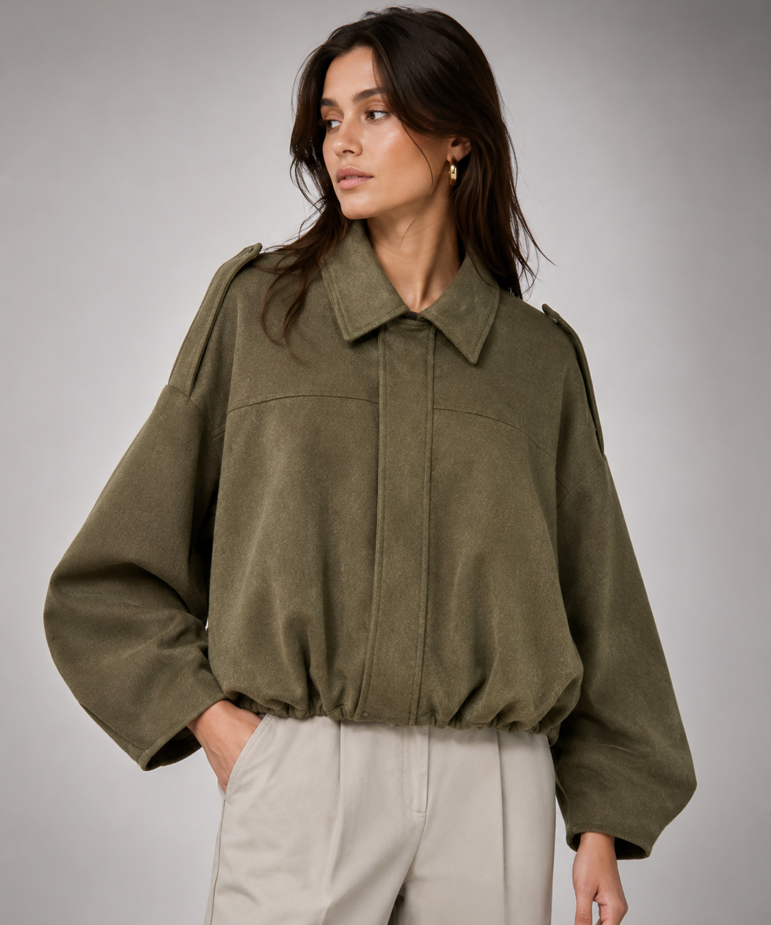 Veste Pilote Femme en Daim – Col Structuré, Fermeture Éclair, Style Décontracté