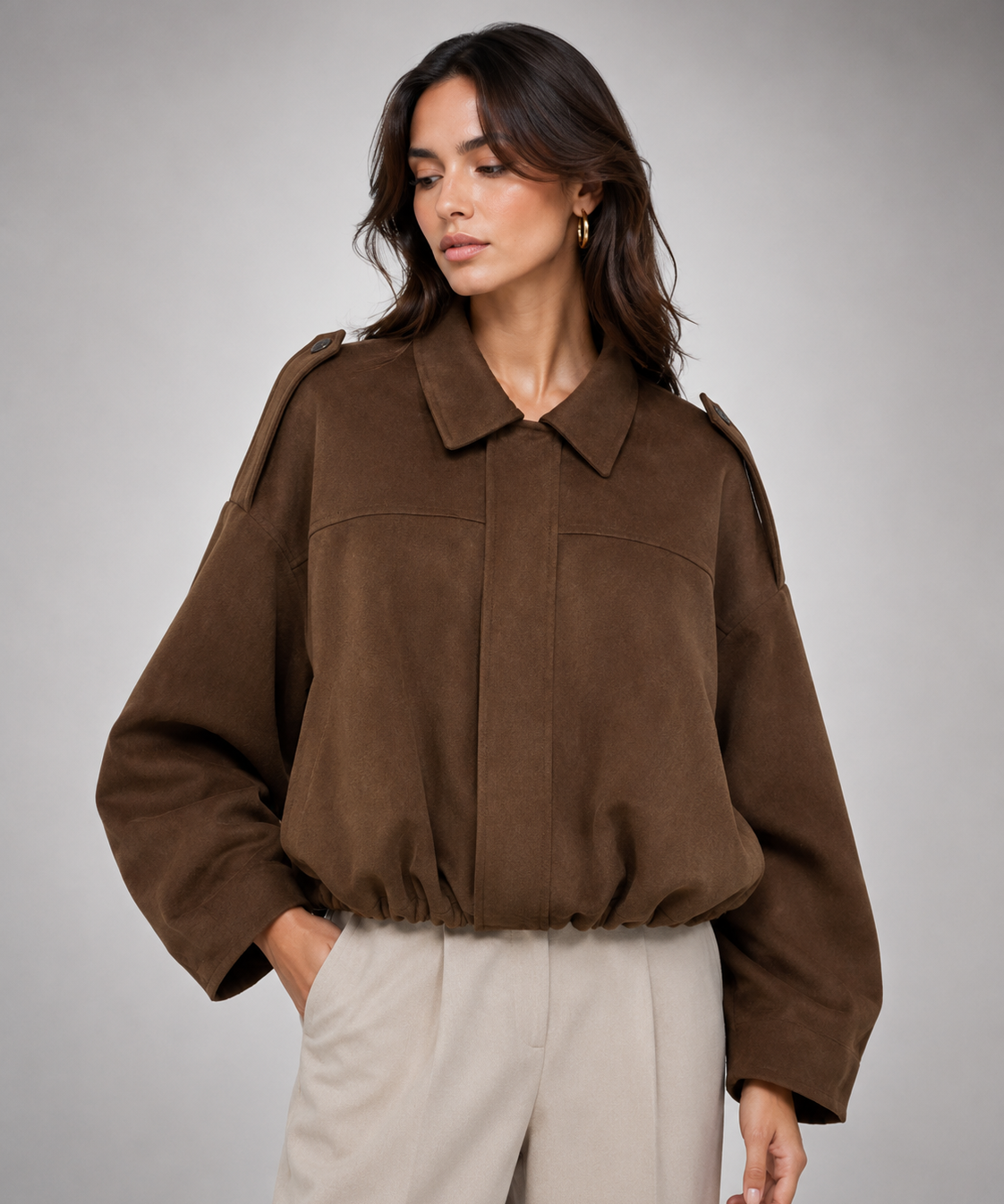 Veste Pilote Femme en Daim – Col Structuré, Fermeture Éclair, Style Décontracté